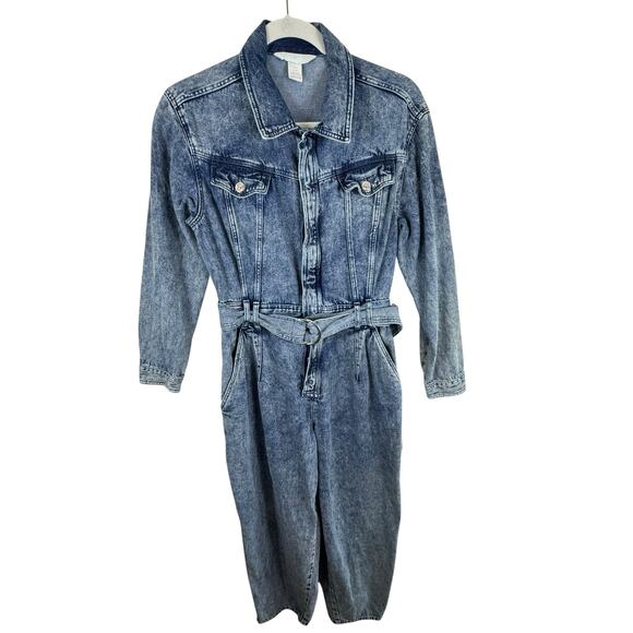 ZARA 100% Cotton Acid Wash Long Sleeve Belted Button Down Denim Jumpsuit Size M - Picture 1 of 9